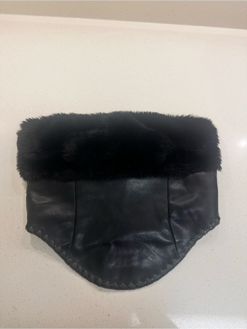 Black Faux Fur Trim Leather Crop Top - Women's Fashion